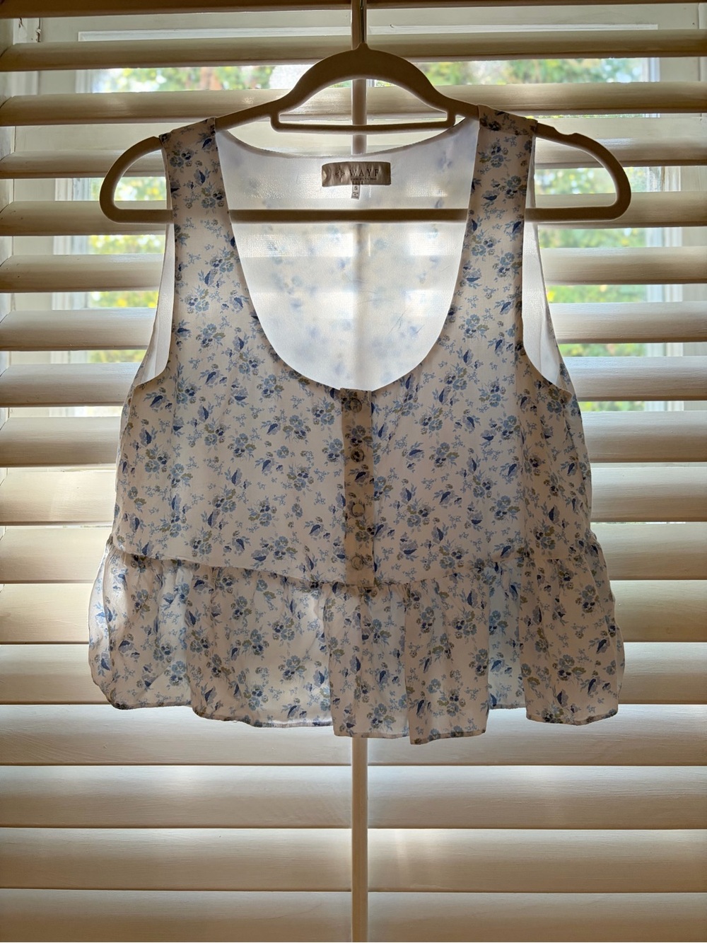 Wayf White Floral Ruffle Camisole with Blue Print